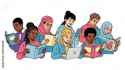 Diverse group of young people engaged in reading and using digital devices together in a collaborative setting