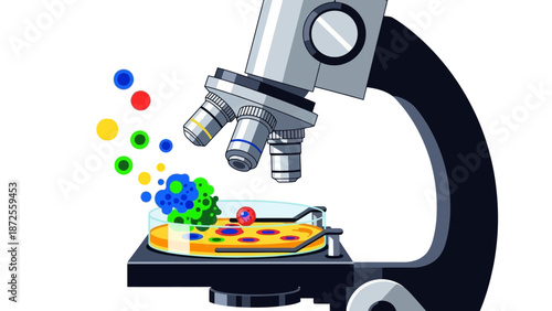 Examining Pizza under Microscope Lens in Laboratory Setting
