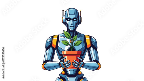 Robot holding a small potted plant with green leaves in its metallic hands