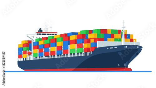 A large cargo ship carrying numerous colorful shipping containers sails across the ocean viewed from the side.