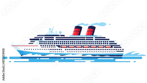 A large cruise ship with red smokestacks sailing on calm blue waters viewed from the side