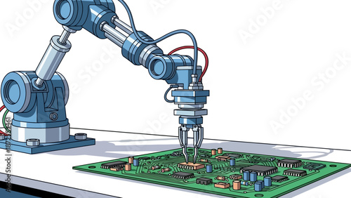 Robotic arms assembling electronic circuit board on a production line, viewed from the side in an industrial setting