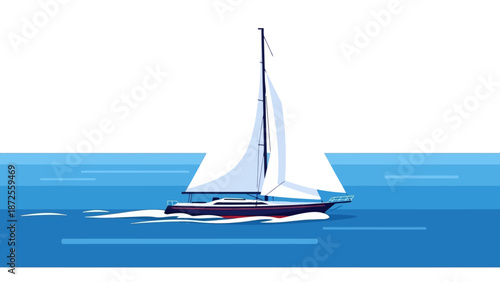 Sailboat gliding across serene ocean waters with full sails, viewed from a distance on a calm day