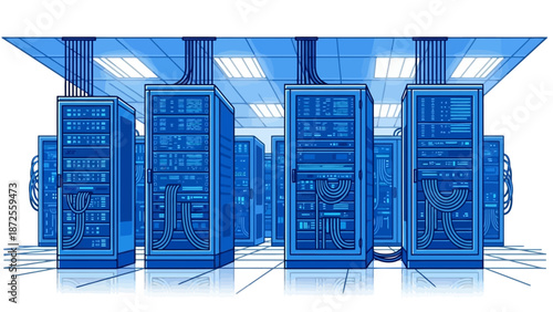 Rows of computer servers in a data center facility viewed from the front perspective
