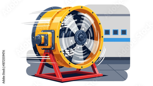 Large industrial fan rotating rapidly on a red stand in a modern facility