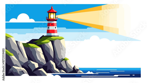 Lighthouse on rocky coast sending beam of light across ocean waters