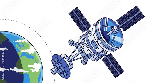Satellite orbiting the Earth with solar panels and antennae in space illustration