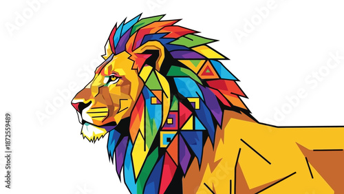 Vibrant illustration of a lion's profile showcasing colorful mosaic mane on a crisp background from a side viewpoint