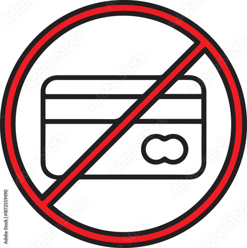 A minimalist black and white line art vector of a credit card enclosed within a bold red prohibition circle with a diagonal slash, representing a blocked or denied payment method.