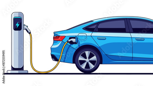 Electric car charging at a public charging station with a yellow cord