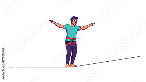 Man balancing on tightrope with outstretched arms in a daring feat of skill and concentration