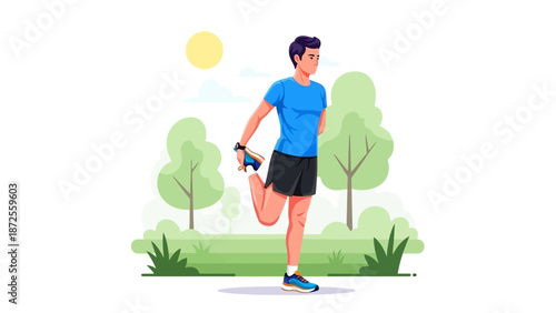 Man stretching leg in a serene park with lush green trees and sunny weather viewed from the side