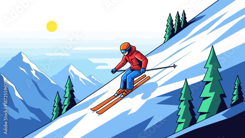 Skiing Down a Snowy Mountain Slope with Trees and Mountains in the Background Under a Bright Sun