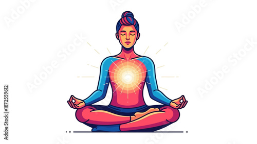 A serene woman meditating in lotus position with radiant energy emanating from her core, illustration, tranquil atmosphere, and a spiritual viewpoint.