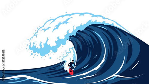 Surfer rides a massive ocean wave from a dynamic perspective in a thrilling illustration
