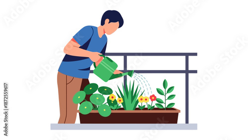 Man watering plants on balcony with care and attention to detail from a green watering can
