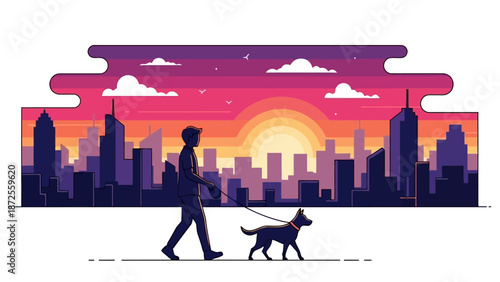 Man walking dog in urban landscape at sunset with cityscape background and vibrant colors illustration