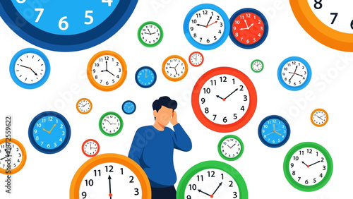 A man surrounded by numerous clocks of various sizes and colors standing in a chaotic environment from a frontal viewpoint