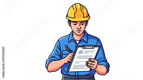A man in a yellow hard hat holding a clipboard and pen standing in front of a white background