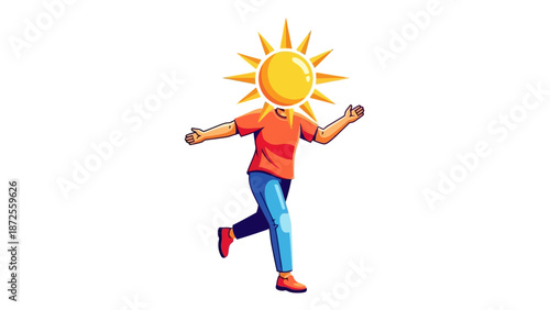 Illustration of a person with a sun face running and dancing in a carefree manner, conveying joy and happiness.