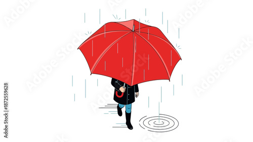 Person walking alone with a red umbrella on a rainy day illustration from a low angle viewpoint