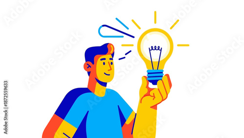 Man holding a glowing lightbulb, symbolizing idea generation and creativity, depicted in a simple illustration style