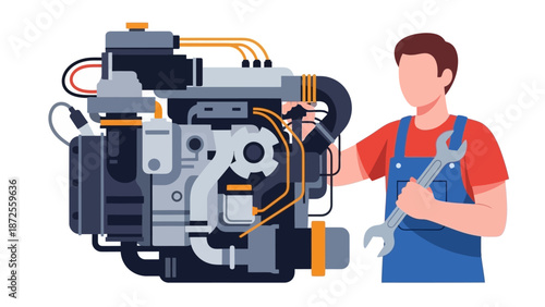 Mechanic inspecting a complex machine with tools in hand in a workshop environment from a straightforward viewpoint
