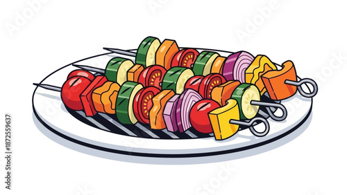 Colorful vegetable skewers on a white plate, showcasing fresh produce in a vibrant and appetizing arrangement