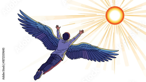 Man with outstretched arms and large blue wings flying towards the sun in a bright sky