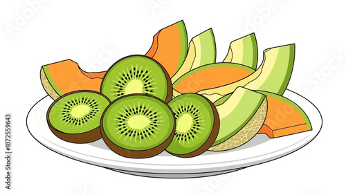 Illustration of sliced kiwi and melon on a plate viewed from above