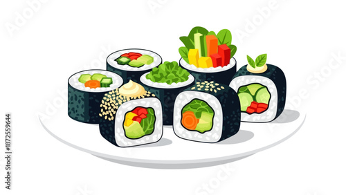 Assorted sushi rolls with fresh vegetables and avocado served on a plate