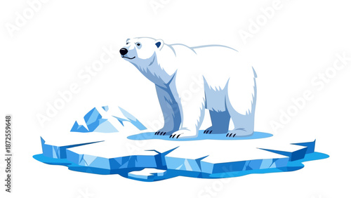 A majestic polar bear standing on an iceberg in the Arctic landscape viewed from the side