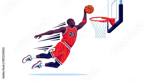 Basketball player in mid-air dunking ball into hoop from dynamic angle.