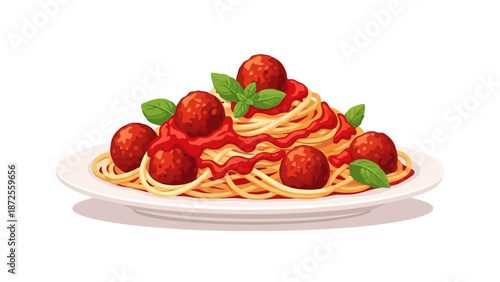 A delicious plate of spaghetti with meatballs and fresh basil leaves, served on a white plate from a top-down viewpoint