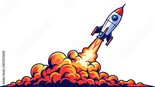 Rocket Launching into Space with Intense Flames and Smoke, Illustration of Powerful Takeoff