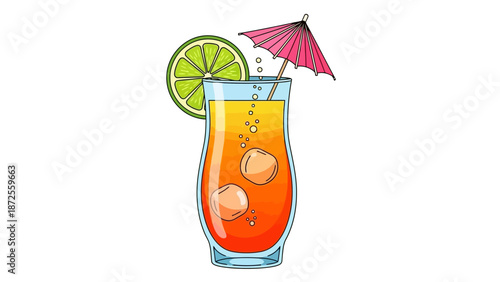 A vibrant orange cocktail with lychees, lime, and umbrella in a glass, viewed from the side on a transparent background