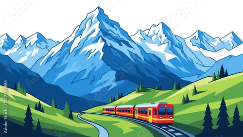 Scenic train journey through green hills and snow-capped mountains viewed from a distance