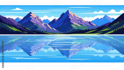 Serene lake reflecting majestic mountains in a vibrant landscape under a blue sky