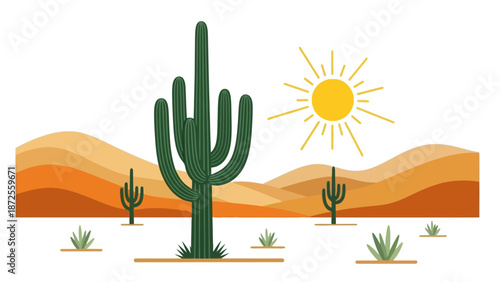 Desert landscape with cacti and sand dunes under a bright sun in a serene environment from a distant viewpoint
