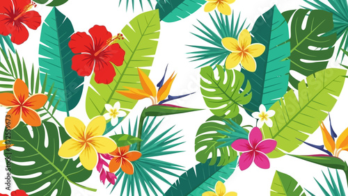 Vibrant tropical flowers and leaves pattern viewed from directly above in a lush environment