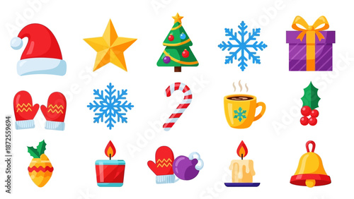 Collection of Christmas icons including decorations, gifts, and festive items on a white background.