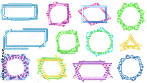 Collection of colorful geometric frames and shapes in a grid layout on a clean background viewed from a straightforward perspective