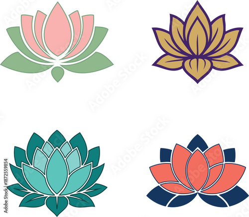 Four Stylized Lotus Flowers Blooming as Spiritual Symbols for Wellness and Peace