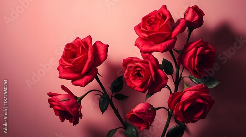 Beautiful lit red roses on a pink background.