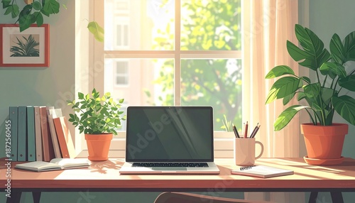 Minimalist flat vector illustration of a cozy study area featuring a laptop and greenery for remote work concepts