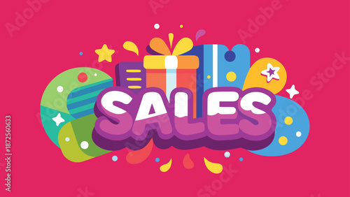 A playful sales logo with rounded letters and colorful shapes for kids marketing, conveying a sense of fun and excitement.