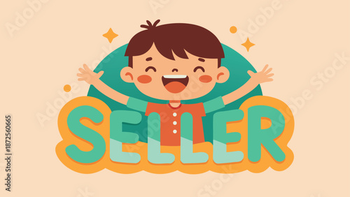 A vibrant illustration of a happy kid celebrating with a seller logo featuring rounded letters, conveying joy and modern branding.
