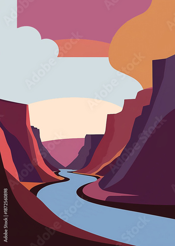 Stylized Canyon River Landscape with Geometric Shapes and Sunset Sky