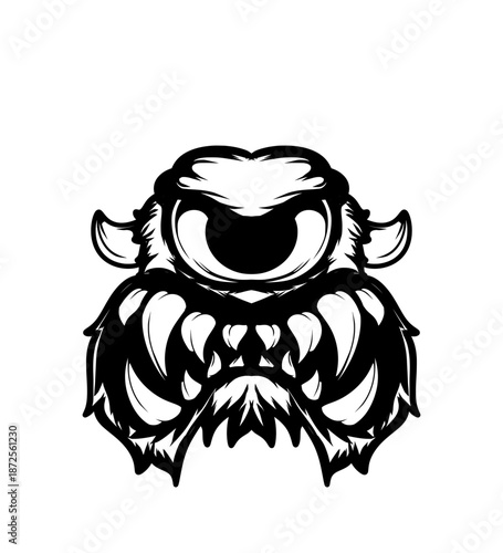Menacing One-Eyed Monster Head Illustration with Sharp Fangs and Horns, Black and White Creature Design for Aggressive Mascot or Logo