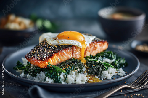 Fried Eggs On Toasted Bread Served With Crispy Kale And Fresh Herbs In Sunlight